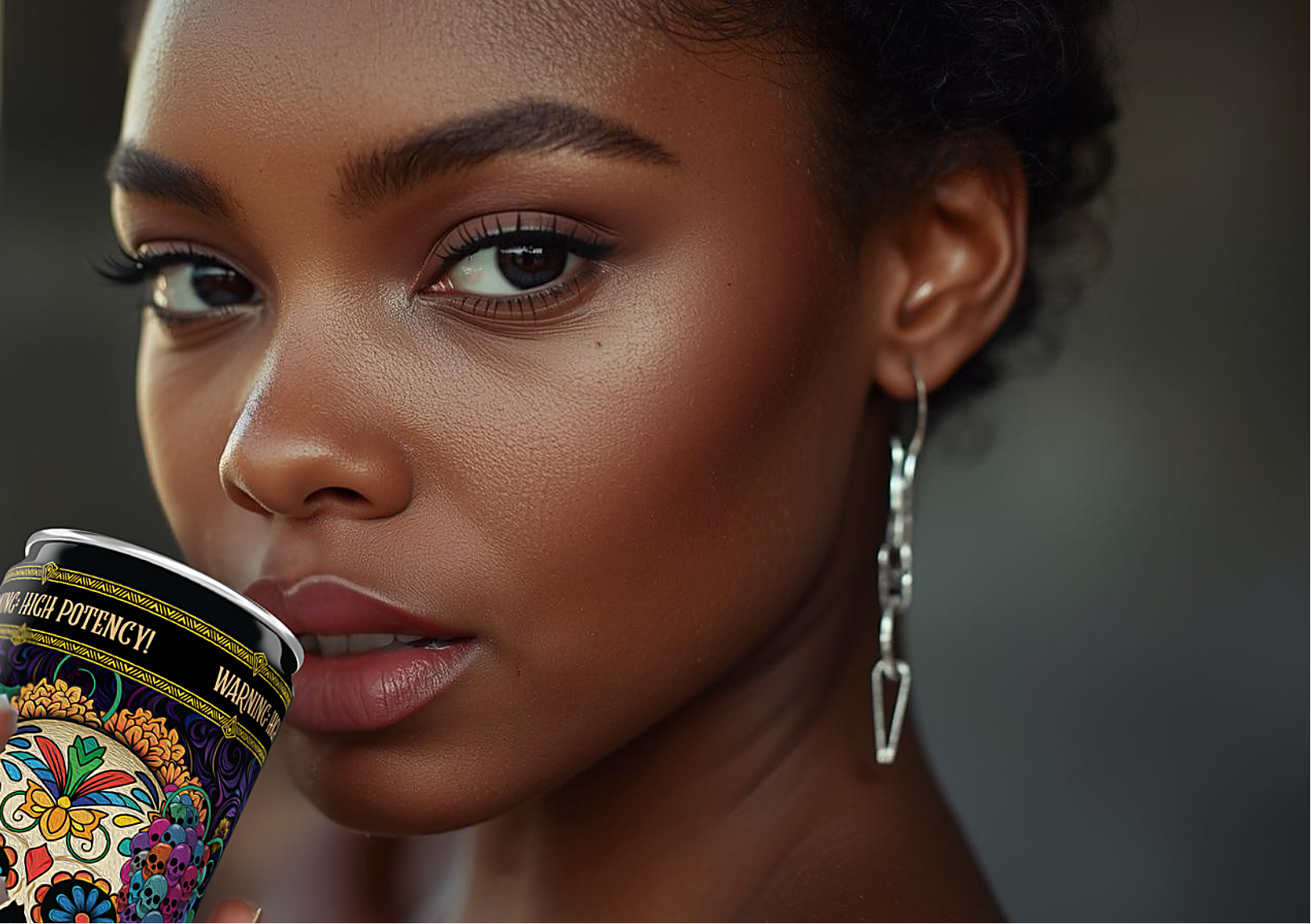 Woman holding a colorful can with a blurred background